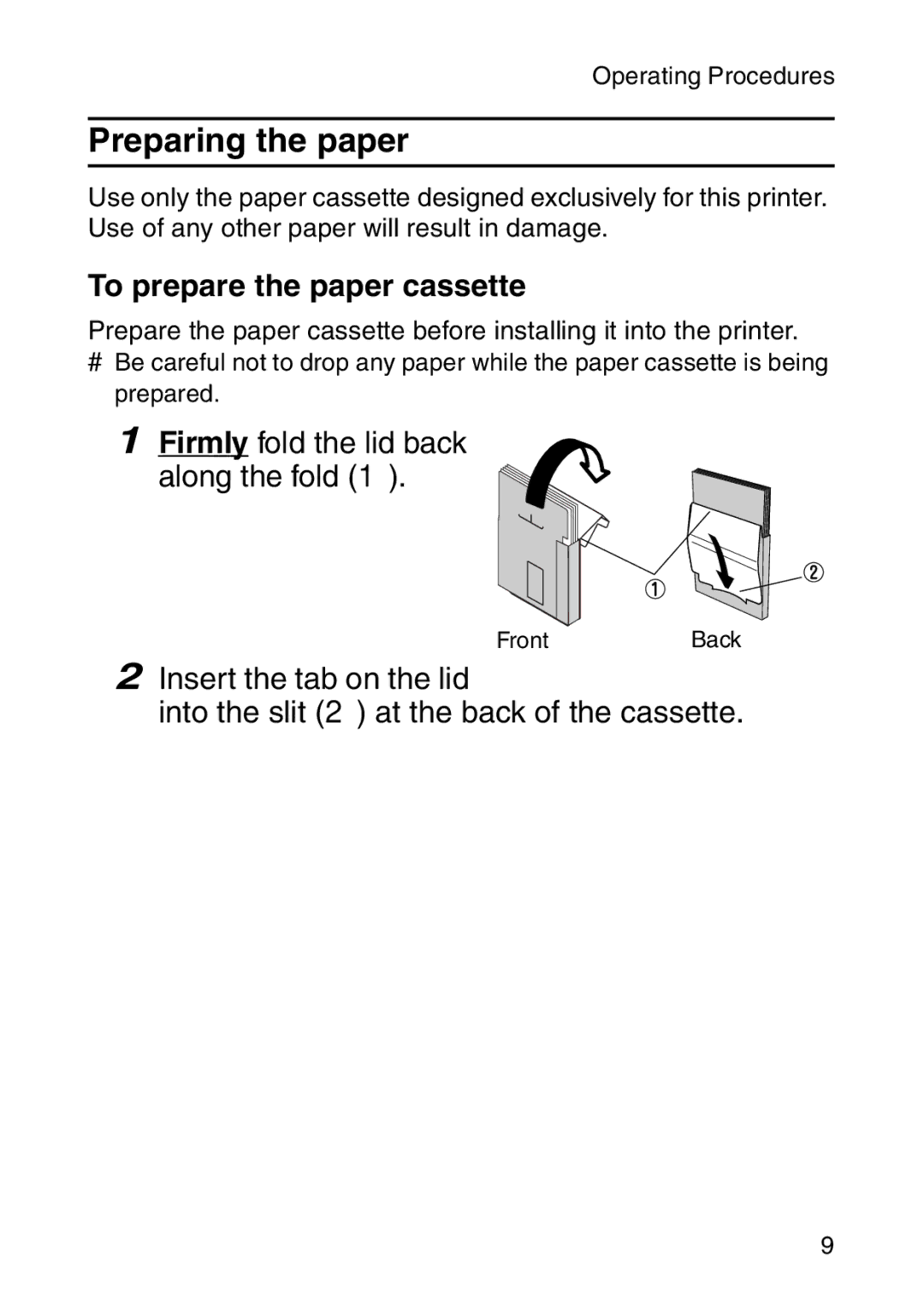 Brother MW-260 appendix Preparing the paper, To prepare the paper cassette, Firmly fold the lid back Along the fold 