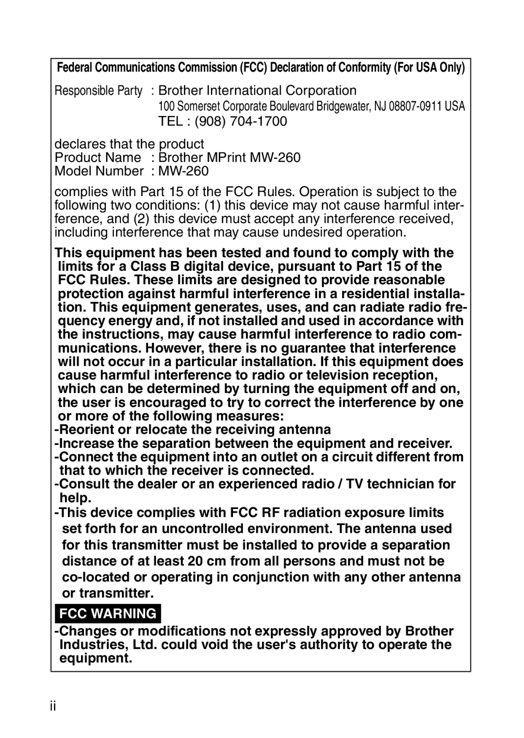 Brother MW-260 appendix FCC Warning 