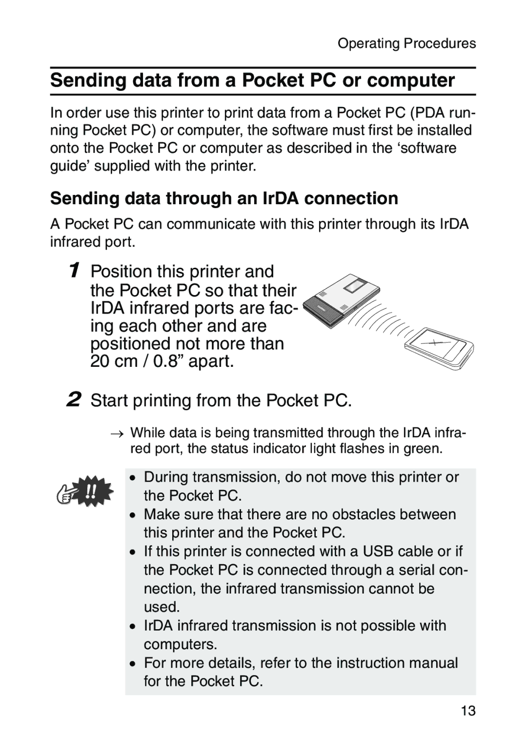 Brother MW-260 appendix Sending data from a Pocket PC or computer, Sending data through an IrDA connection 