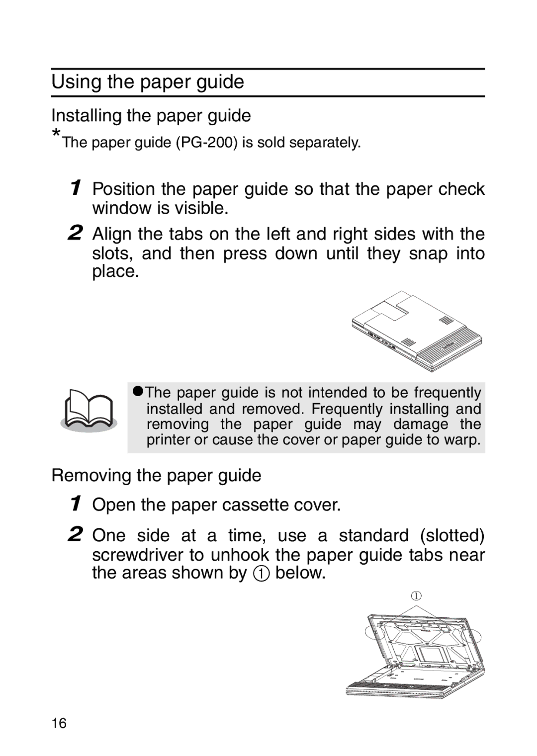 Brother MW-260 appendix Using the paper guide, Installing the paper guide 