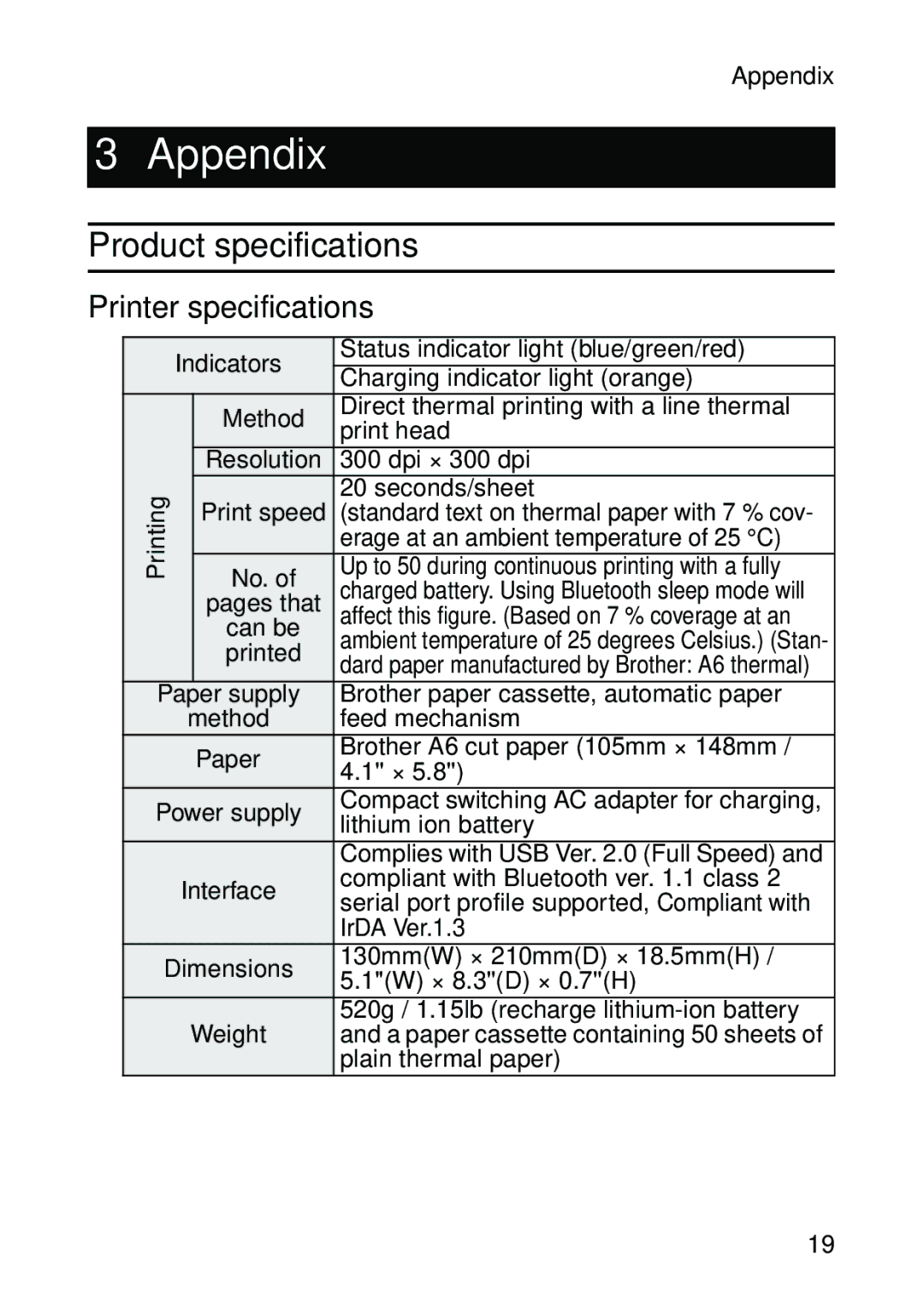 Brother MW-260 appendix Appendix, Product specifications, Printer specifications 