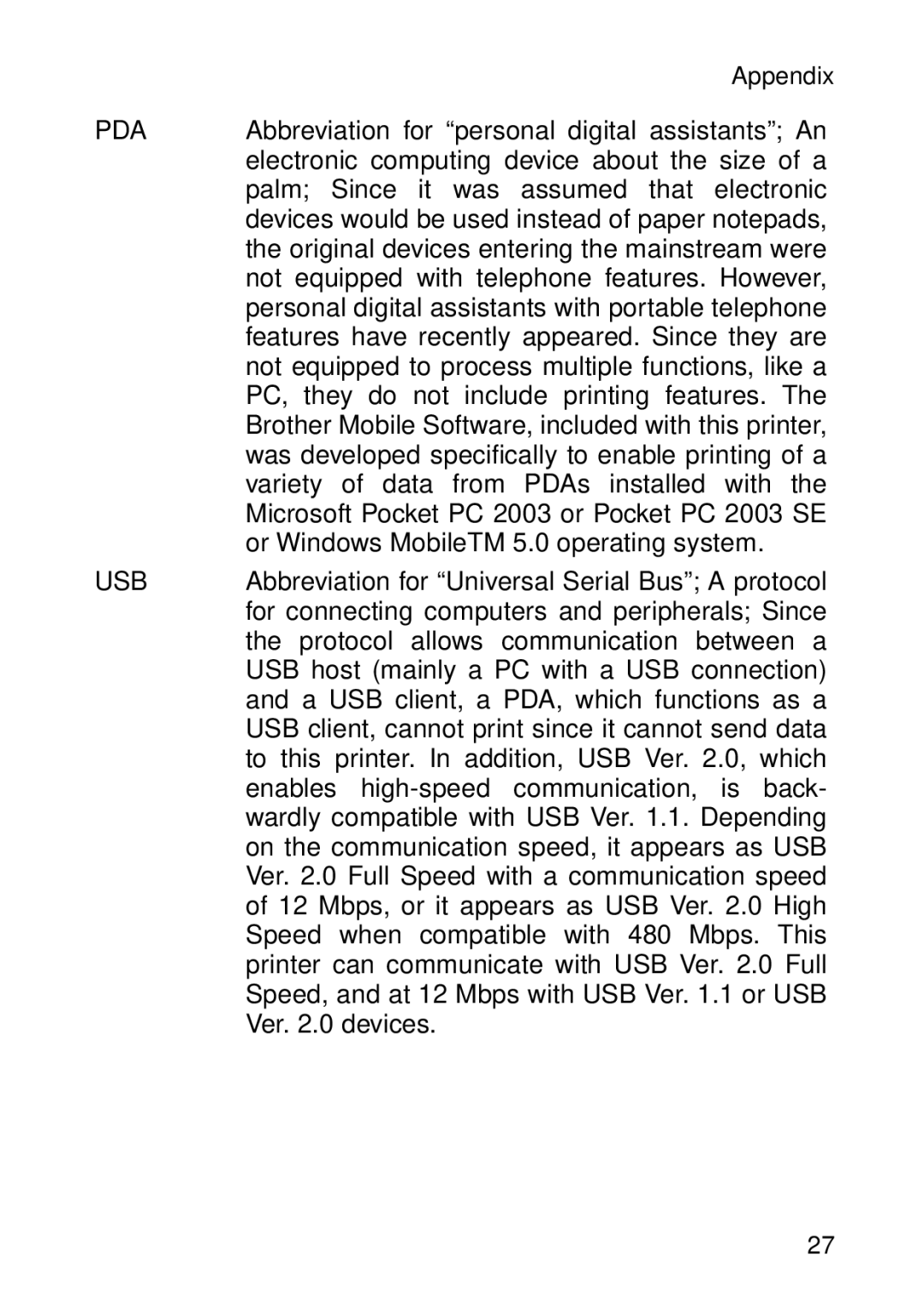 Brother MW-260 appendix Pda 