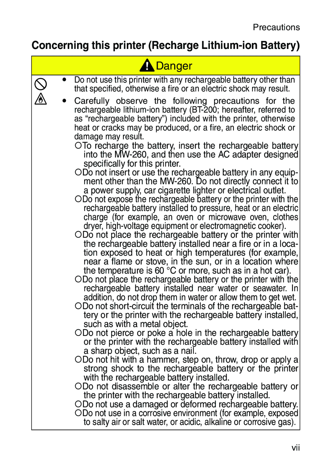 Brother MW-260 appendix Concerning this printer Recharge Lithium-ion Battery 