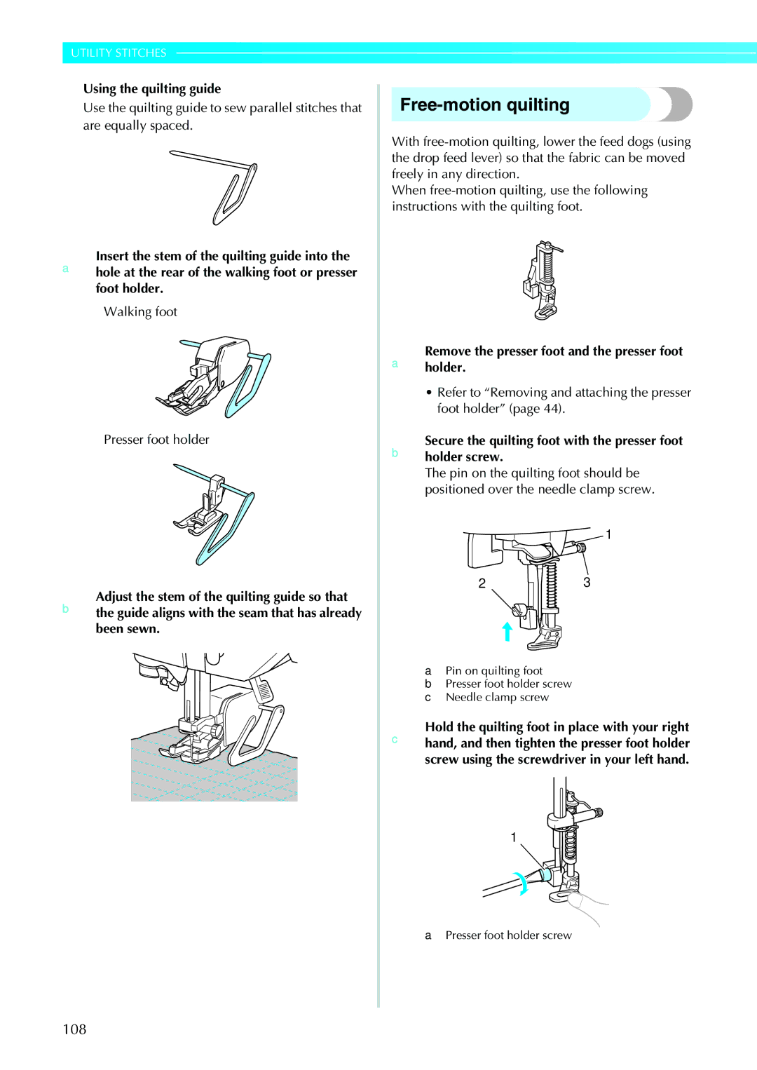 Brother NV1200 operation manual Free-motion quilting, 108 