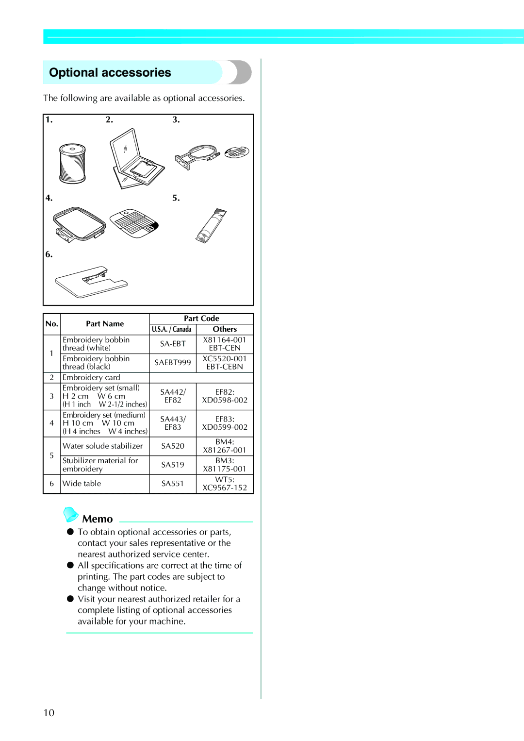 Brother NV1200 operation manual Optional accessories, Following are available as optional accessories 