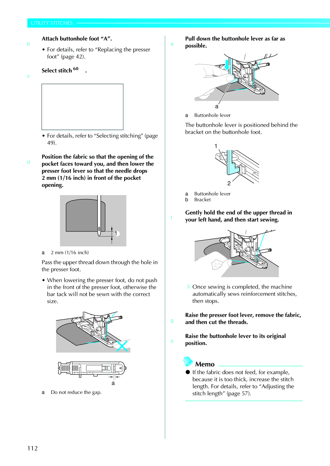 Brother NV1200 operation manual 112, BAttach buttonhole foot a, EPullpossible.down the buttonhole lever as far as 