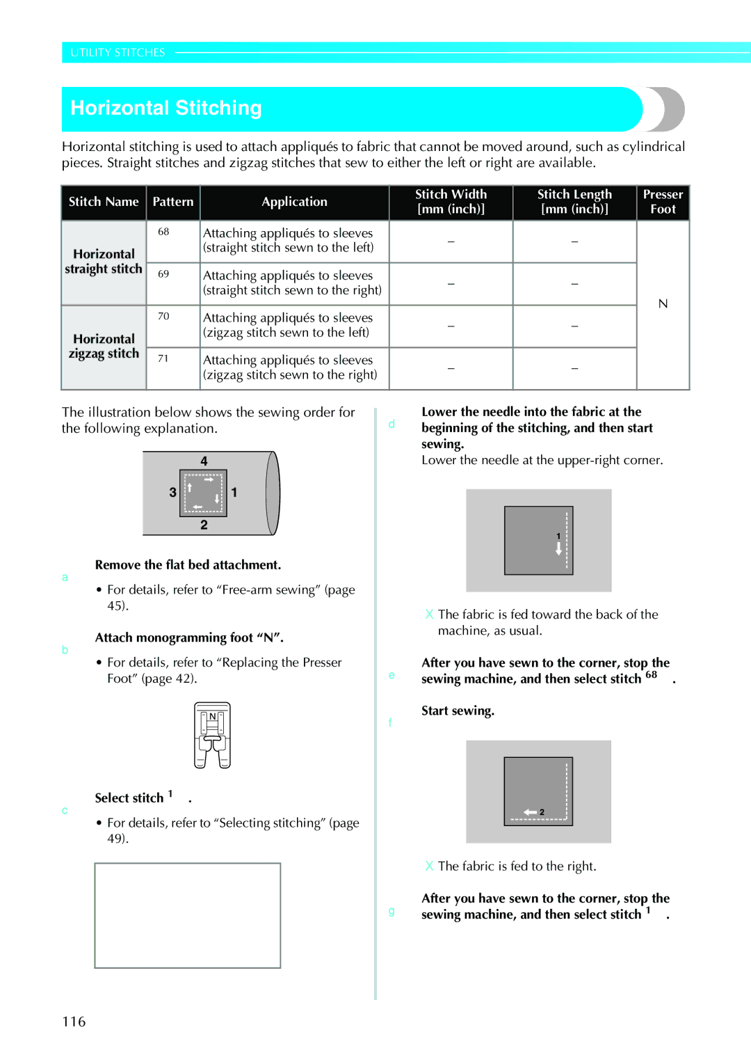 Brother NV1200 operation manual Horizontal Stitching, 116, Remove the flat bed attachment, FStart sewing 