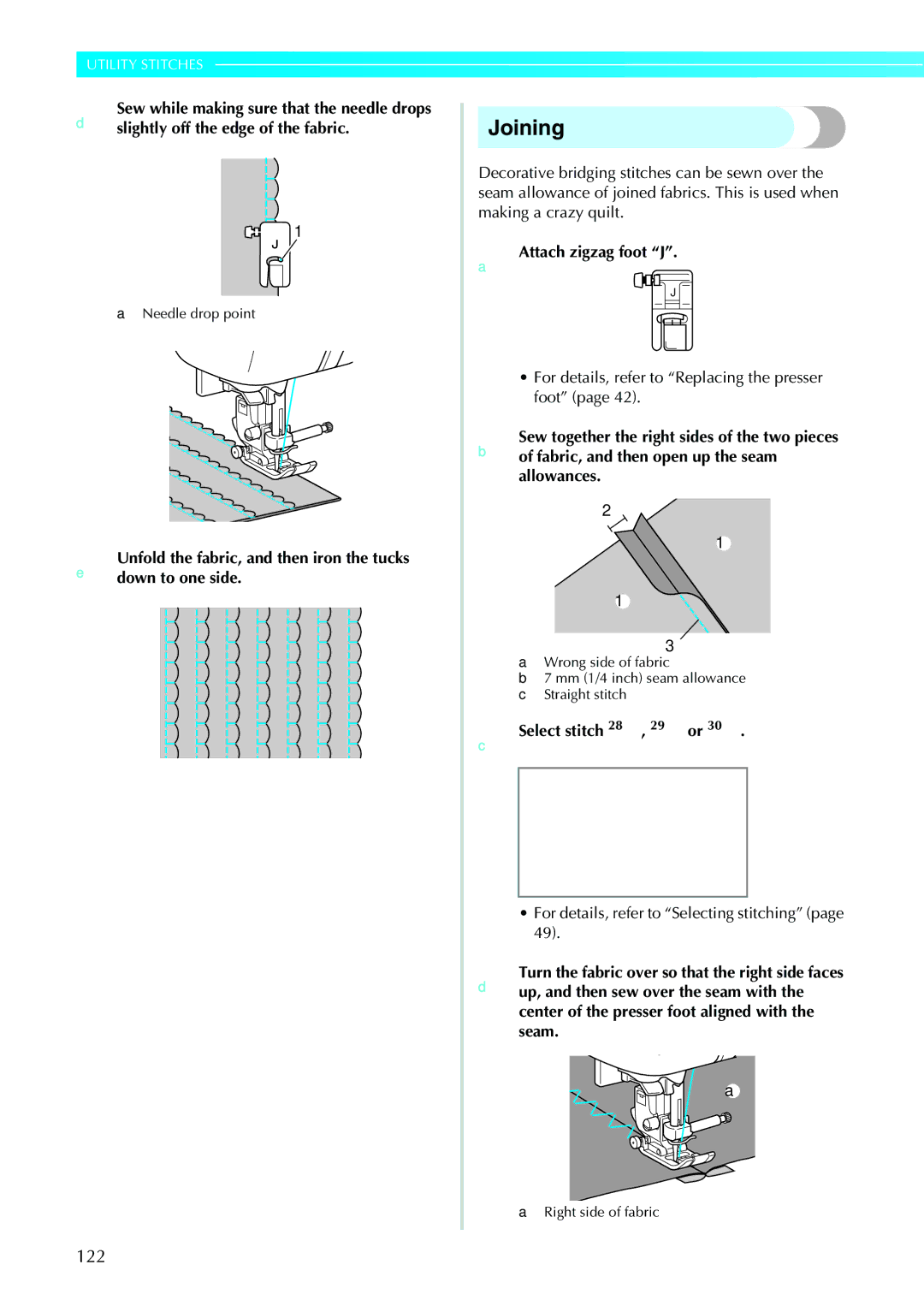 Brother NV1200 Joining, 122, Unfold the fabric, and then iron the tucks down to one side, Select stitch 28 , 29 or 