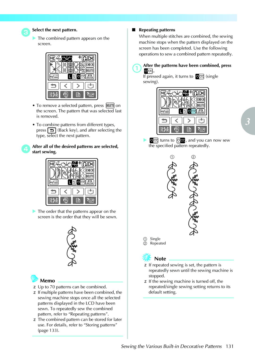 Brother NV1200 operation manual CSelect the next pattern, Up to 70 patterns can be combined, Repeating patterns 