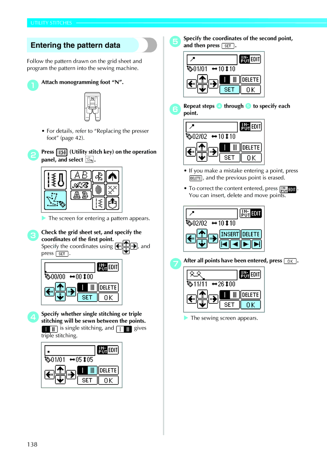 Brother NV1200 operation manual Entering the pattern data, 138, GAfter all points have been entered, press 