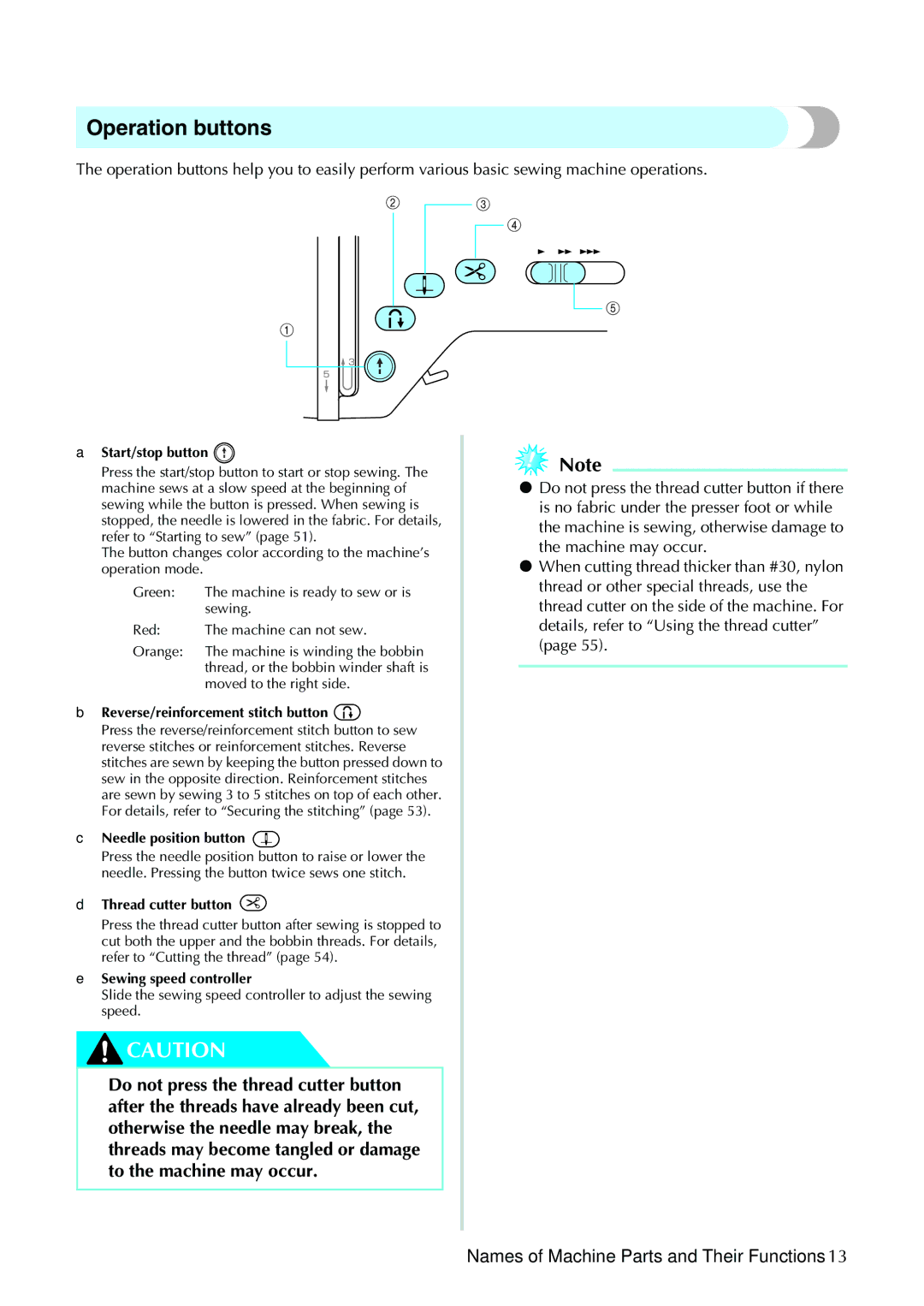 Brother NV1200 operation manual Operation buttons, Start/stop button 