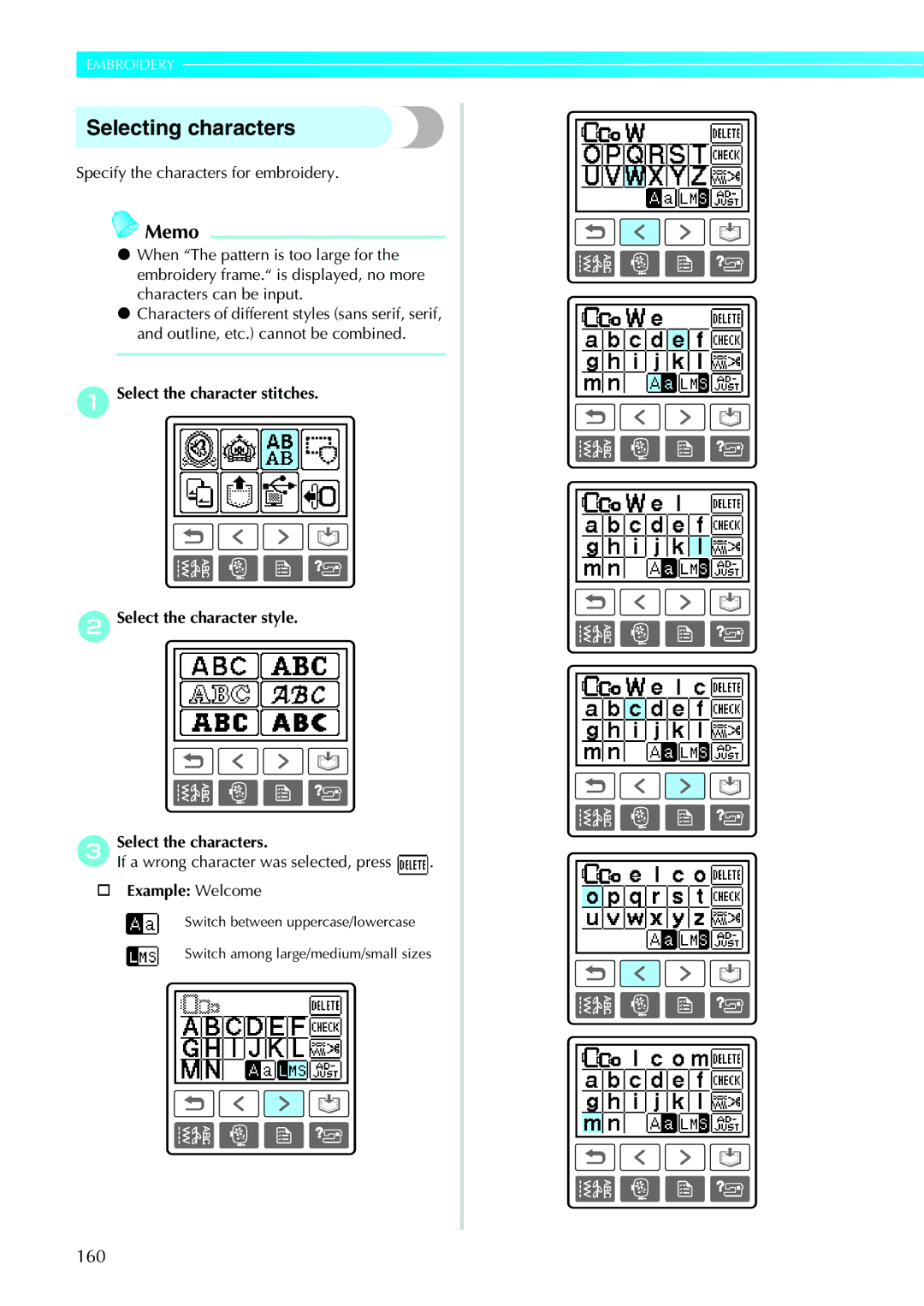 Brother NV1200 Selecting characters, 160, Specify the characters for embroidery, If a wrong character was selected, press 