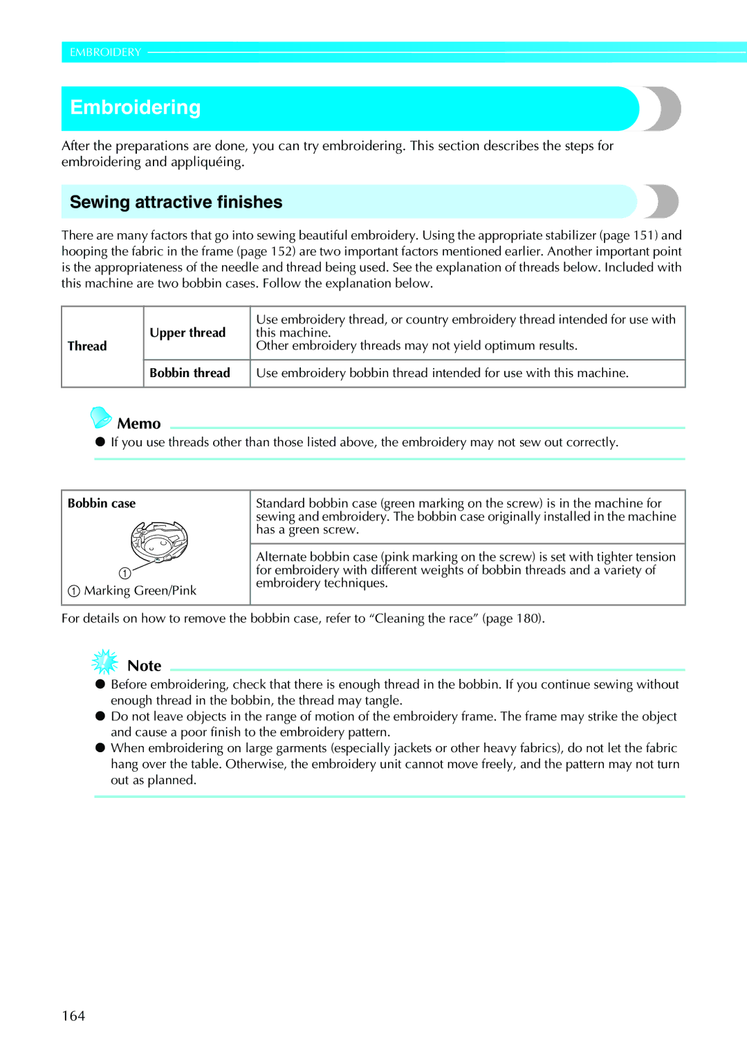 Brother NV1200 operation manual Embroidering, Sewing attractive finishes, 164 