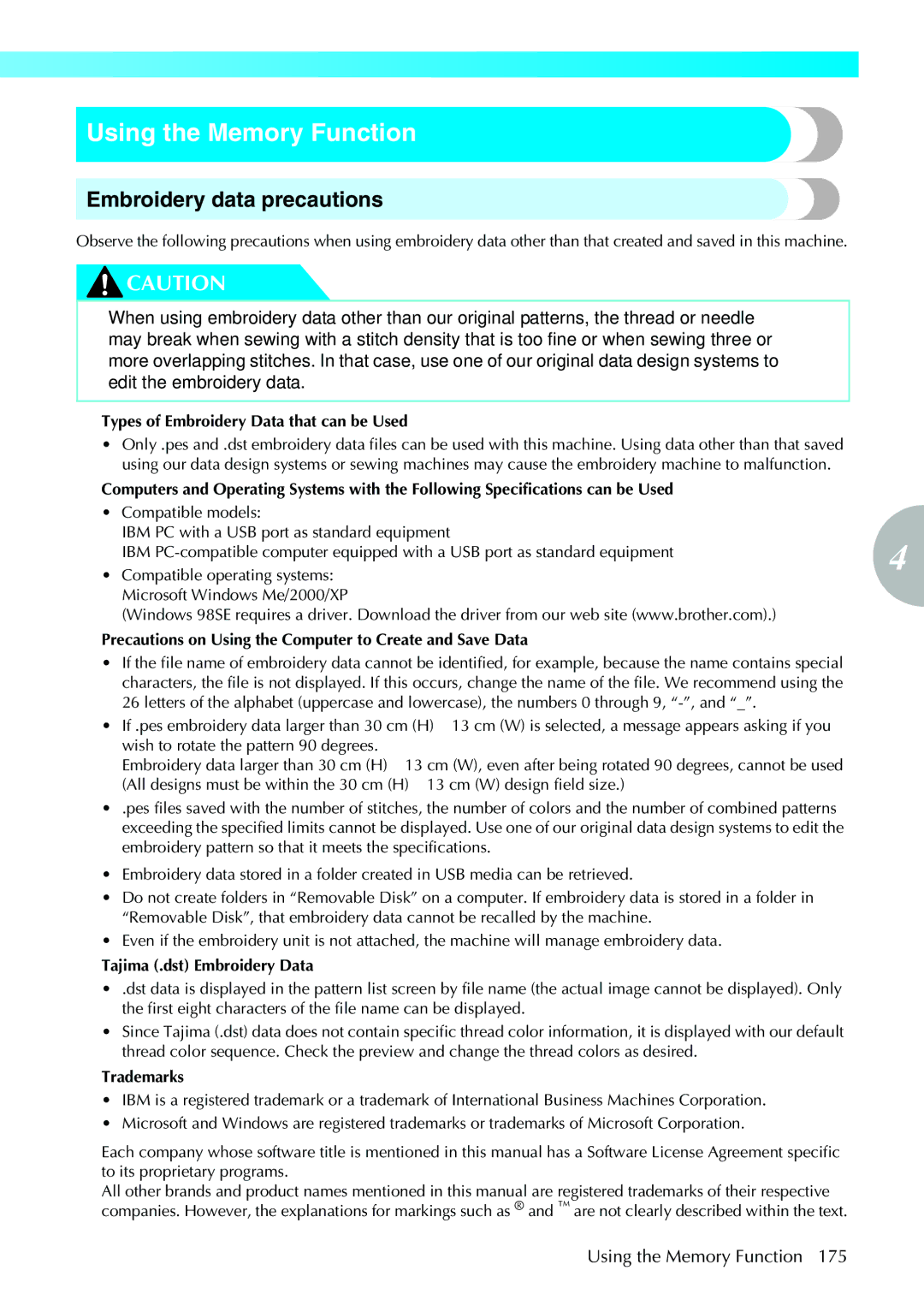 Brother NV1200 operation manual Using the Memory Function, Embroidery data precautions 