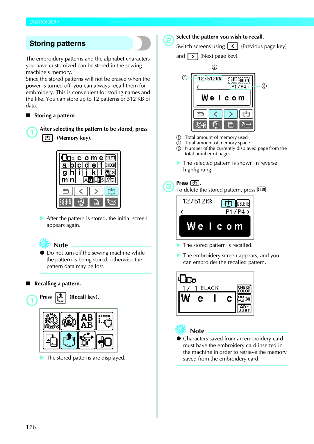 Brother NV1200 176, Stored patterns are displayed, BSelect the pattern you wish to recall, Switch screens using 