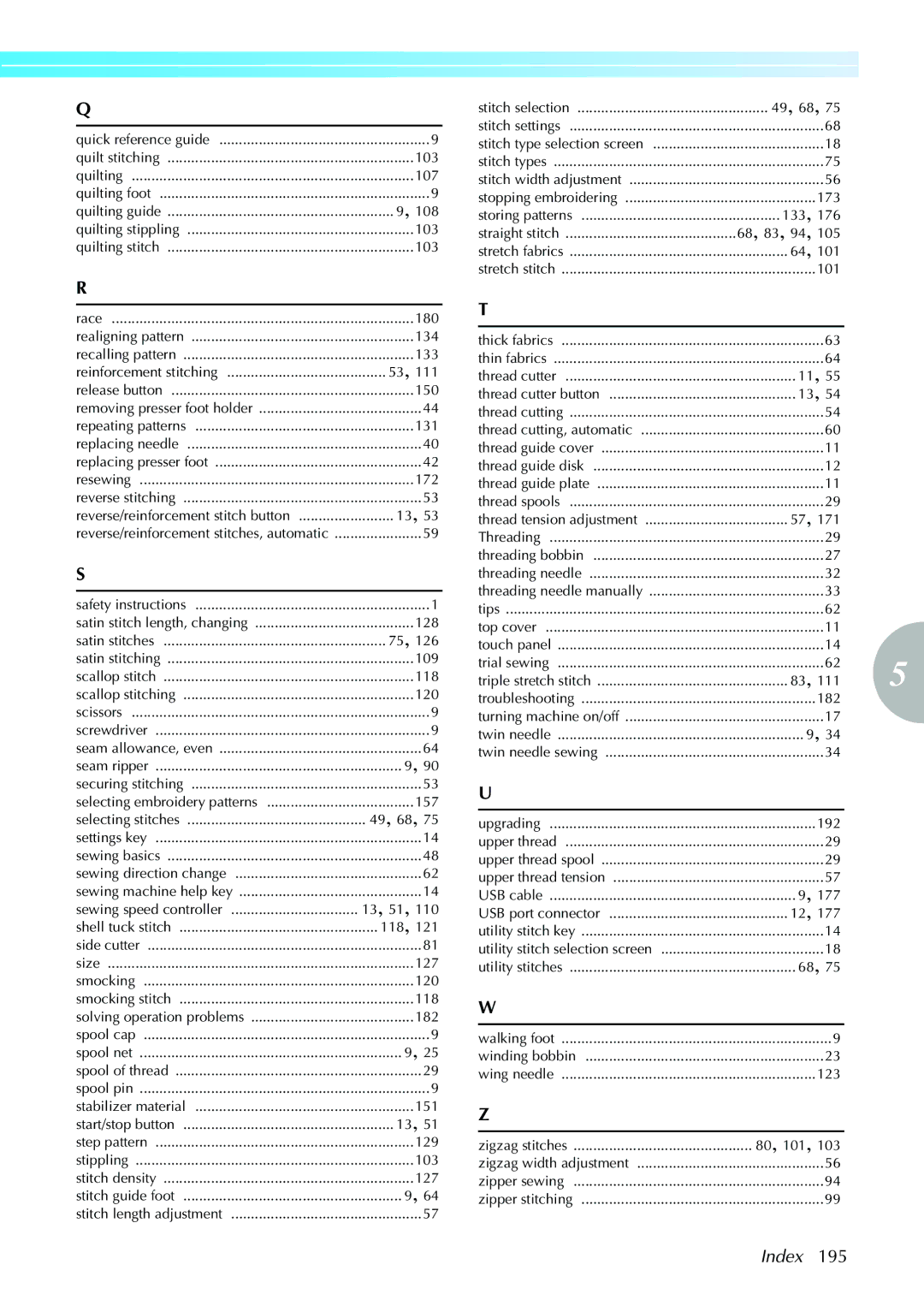 Brother NV1200 operation manual Index, 49, 68 