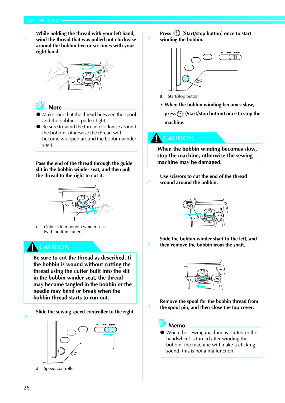 Brother NV1200 operation manual Guide slit in bobbin winder seat with built-in cutter 