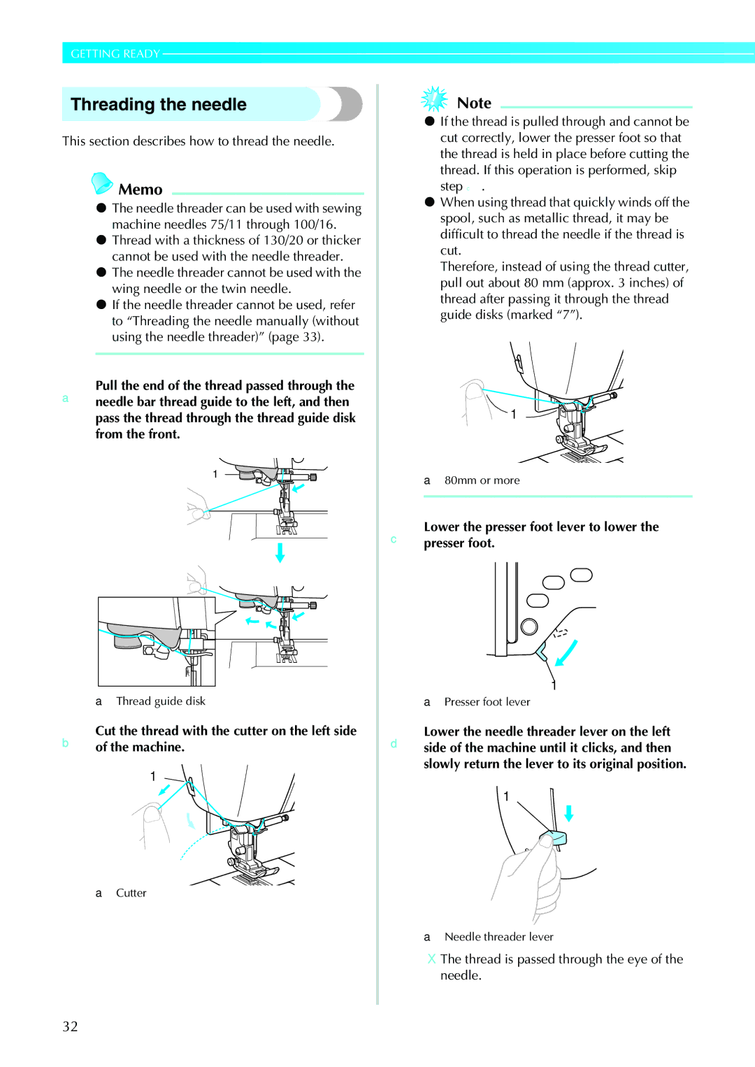 Brother NV1200 operation manual Threading the needle, This section describes how to thread the needle 