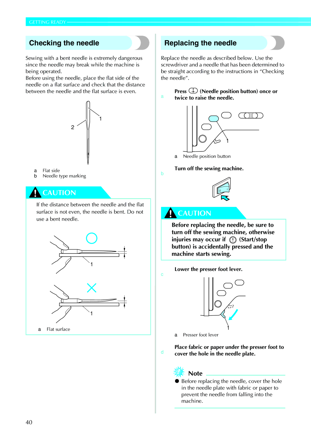 Brother NV1200 operation manual Checking the needle, Replacing the needle, CLower the presser foot lever 