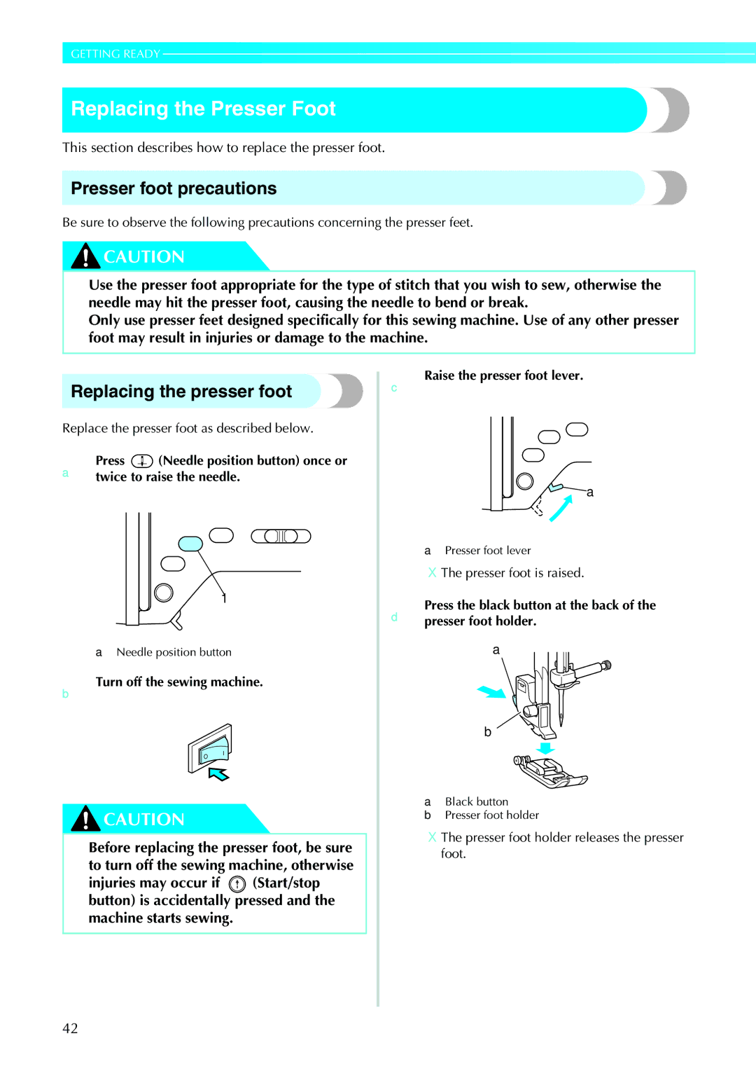 Brother NV1200 operation manual Replacing the Presser Foot, Presser foot precautions, Replacing the presser foot 