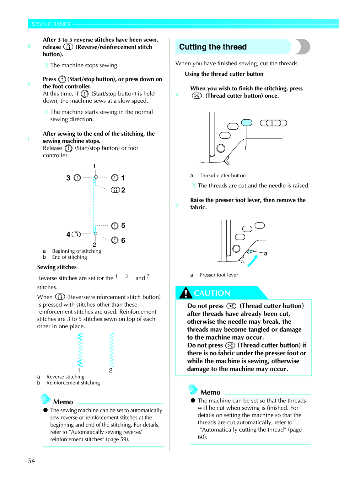 Brother NV1200 operation manual Cutting the thread, Release Start/stop button or foot controller, Sewing stitches 