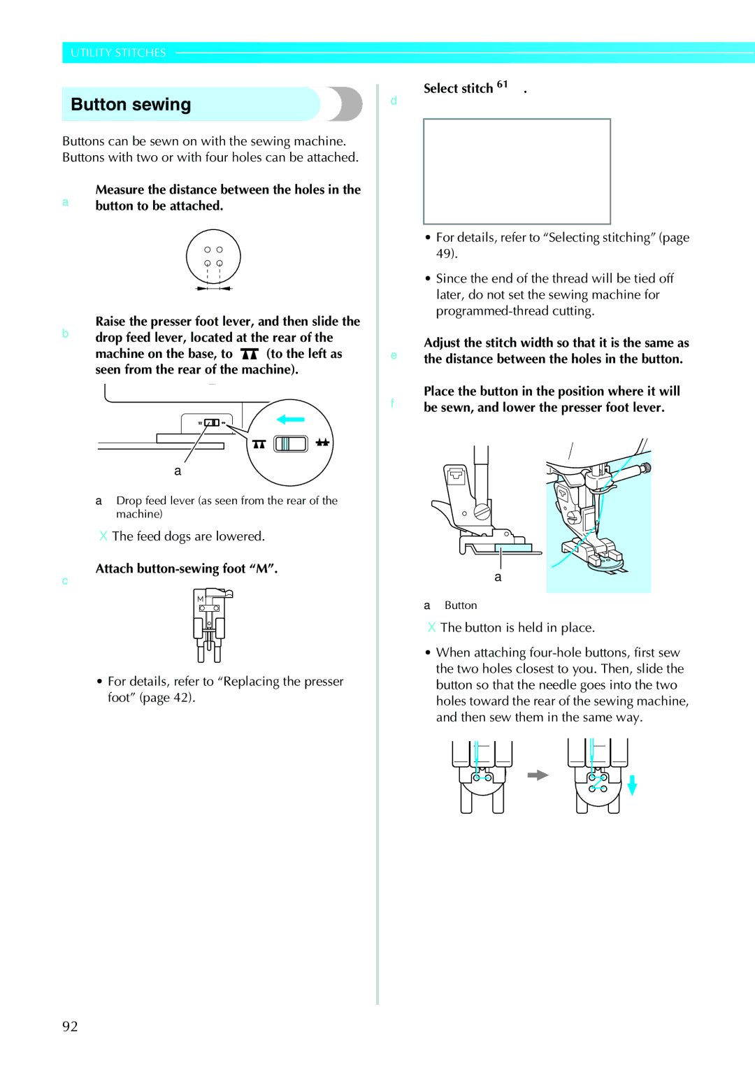 Brother NV1200 operation manual Button sewing, Feed dogs are lowered, Attach button-sewing foot M, Button is held in place 