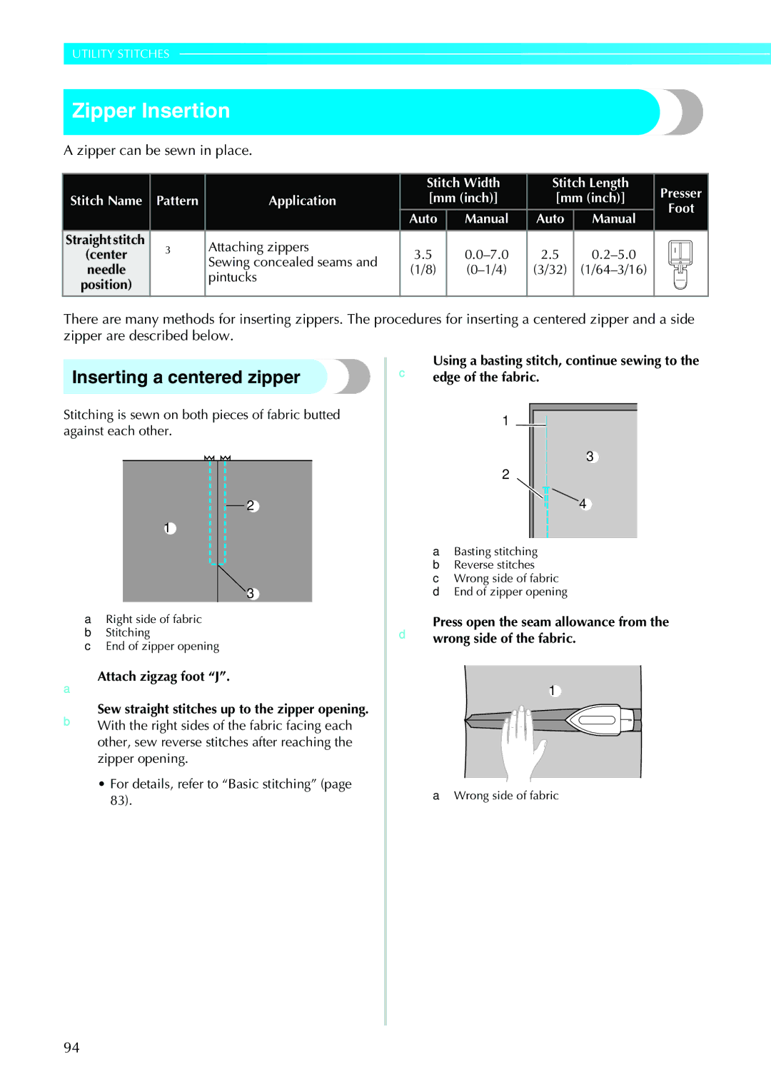 Brother NV1200 operation manual Zipper Insertion, Inserting a centered zipper, Zipper can be sewn in place 