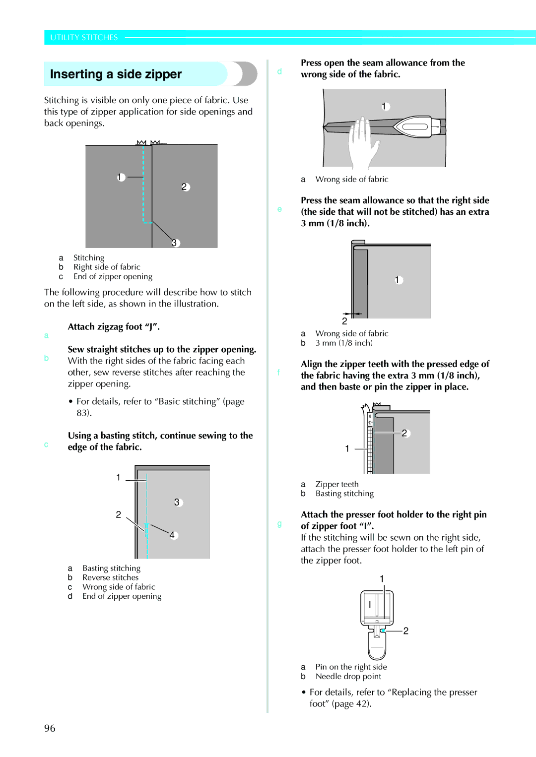 Brother NV1200 operation manual Inserting a side zipper, Wrong side of fabric Mm 1/8 inch 