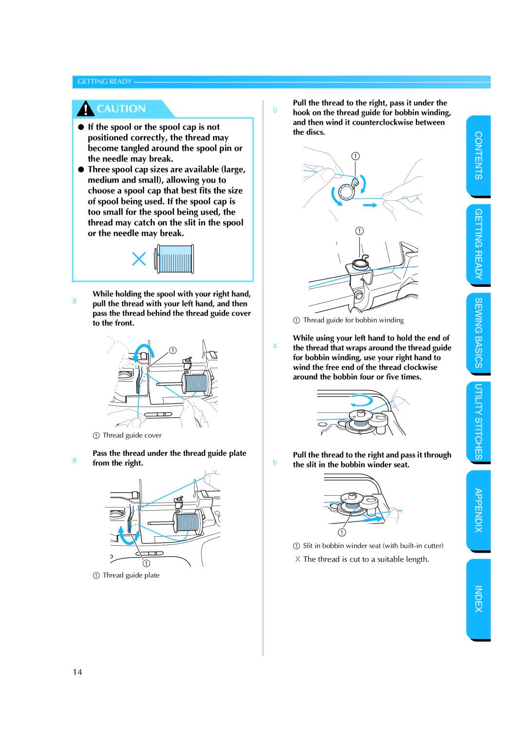 Brother NX 200 manual Pass the thread under the thread guide plate from the right, Thread is cut to a suitable length 