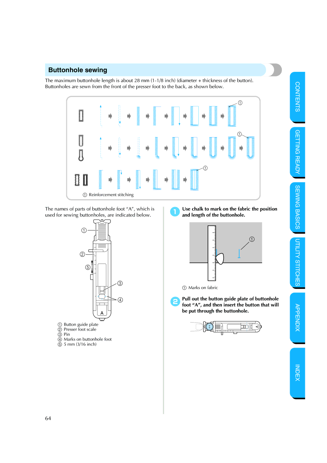 Brother NX 200 manual Buttonhole sewing 