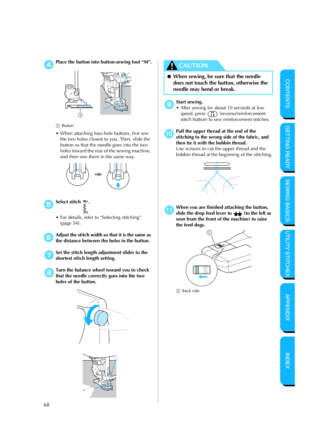 Brother NX 200 manual 4Place the button into button-sewing foot M, Select stitch 