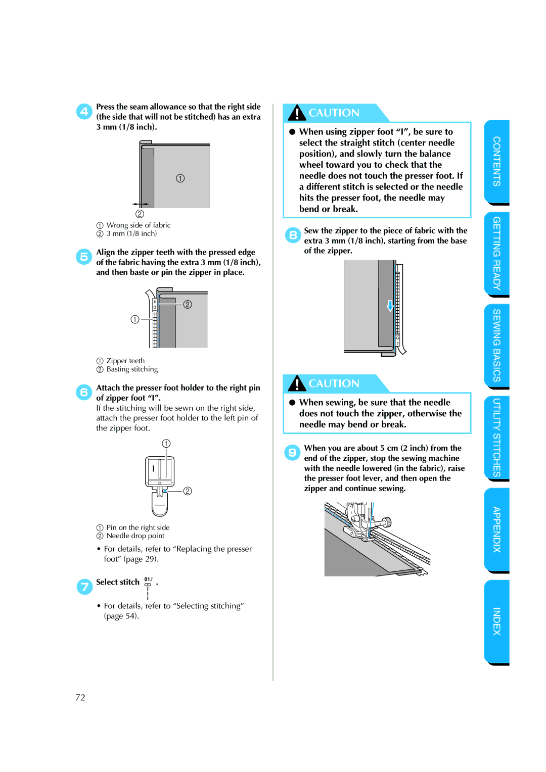 Brother NX 200 manual 7Select stitch, Wrong side of fabric Mm 1/8 inch 