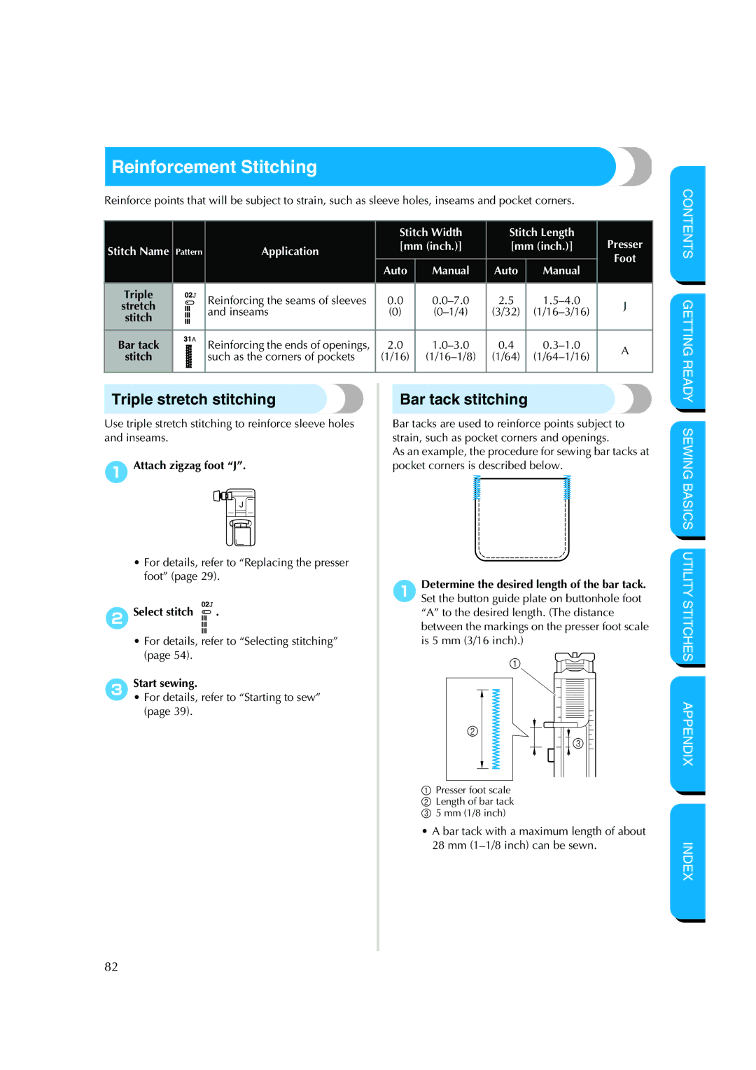 Brother NX 200 manual Reinforcement Stitching, Triple stretch stitching, Bar tack stitching, 2Select stitch 