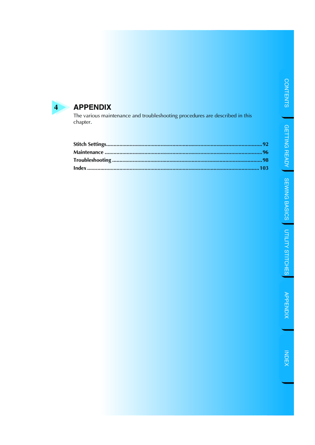 Brother NX 200 manual Appendix, Stitch Settings Maintenance Troubleshooting Index 