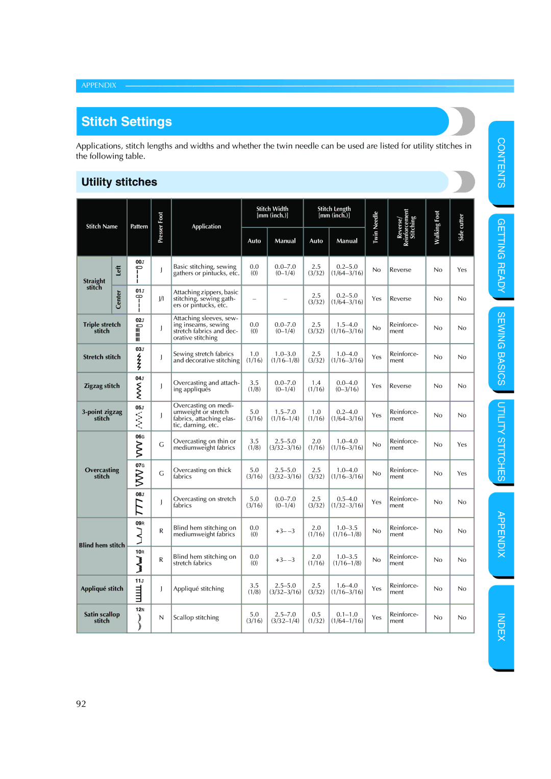 Brother NX 200 manual Stitch Settings, Utility stitches 