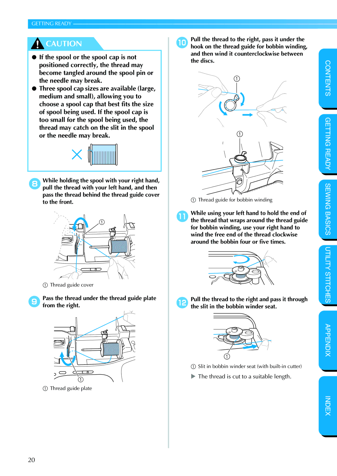 Brother NX 400 manual Pass the thread under the thread guide plate from the right 