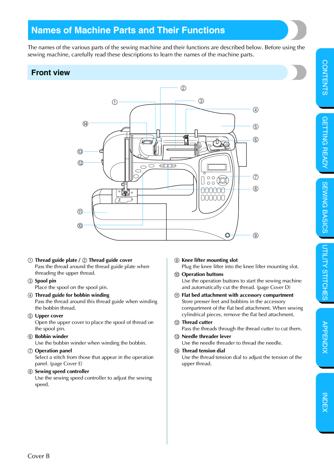 Brother NX 400 manual Names of Machine Parts and Their Functions, Front view 