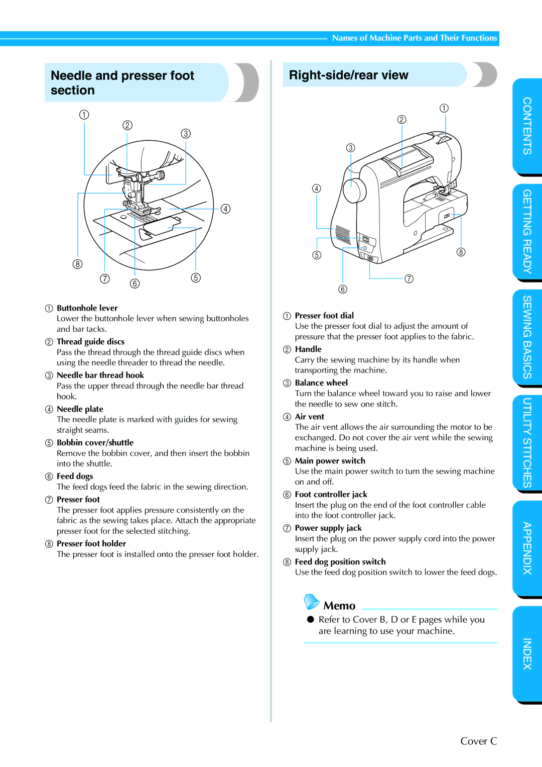 Brother NX 400 manual Needle and presser foot section, Right-side/rear view 