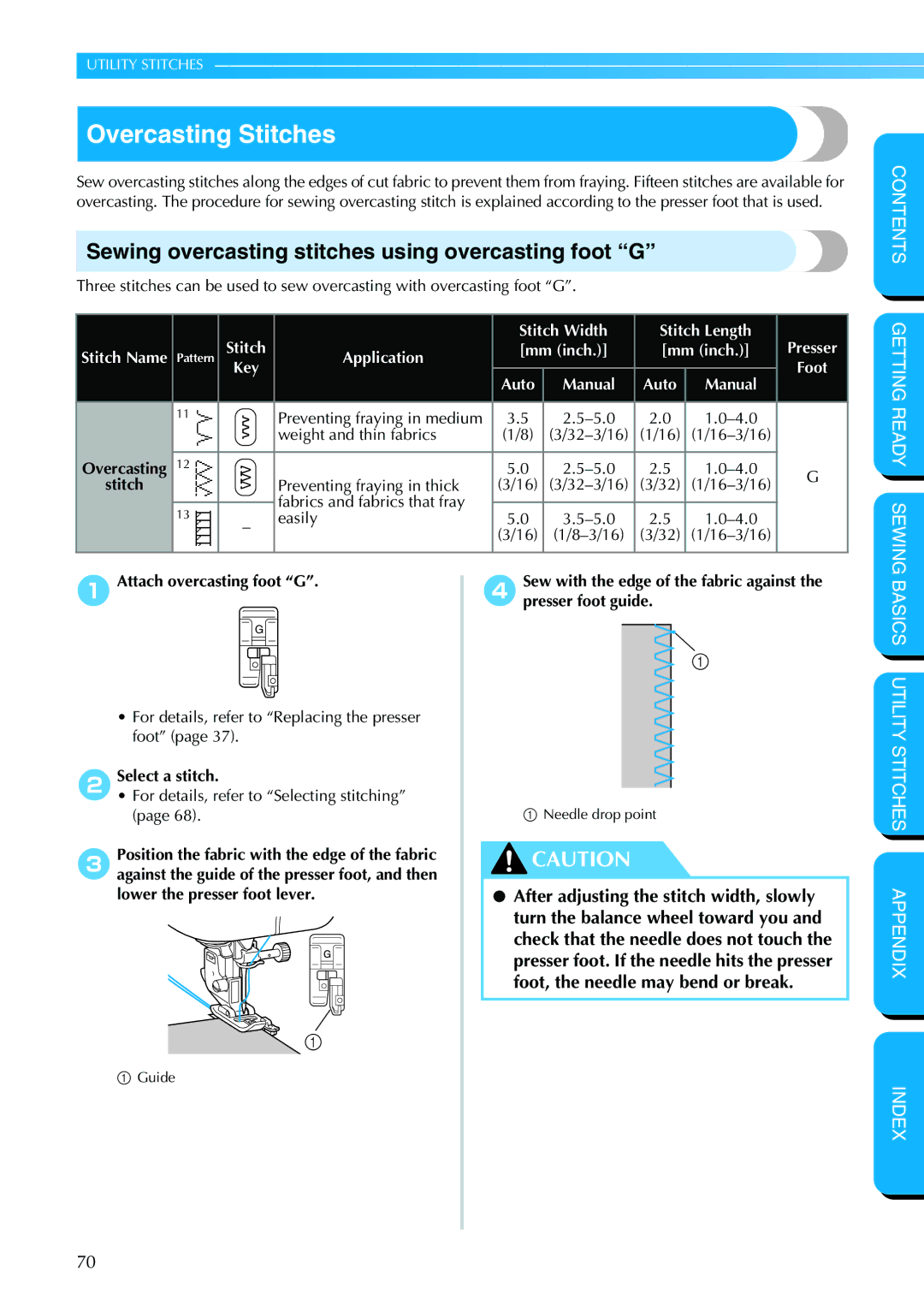 Brother NX 400 manual Overcasting Stitches, Sewing overcasting stitches using overcasting foot G 