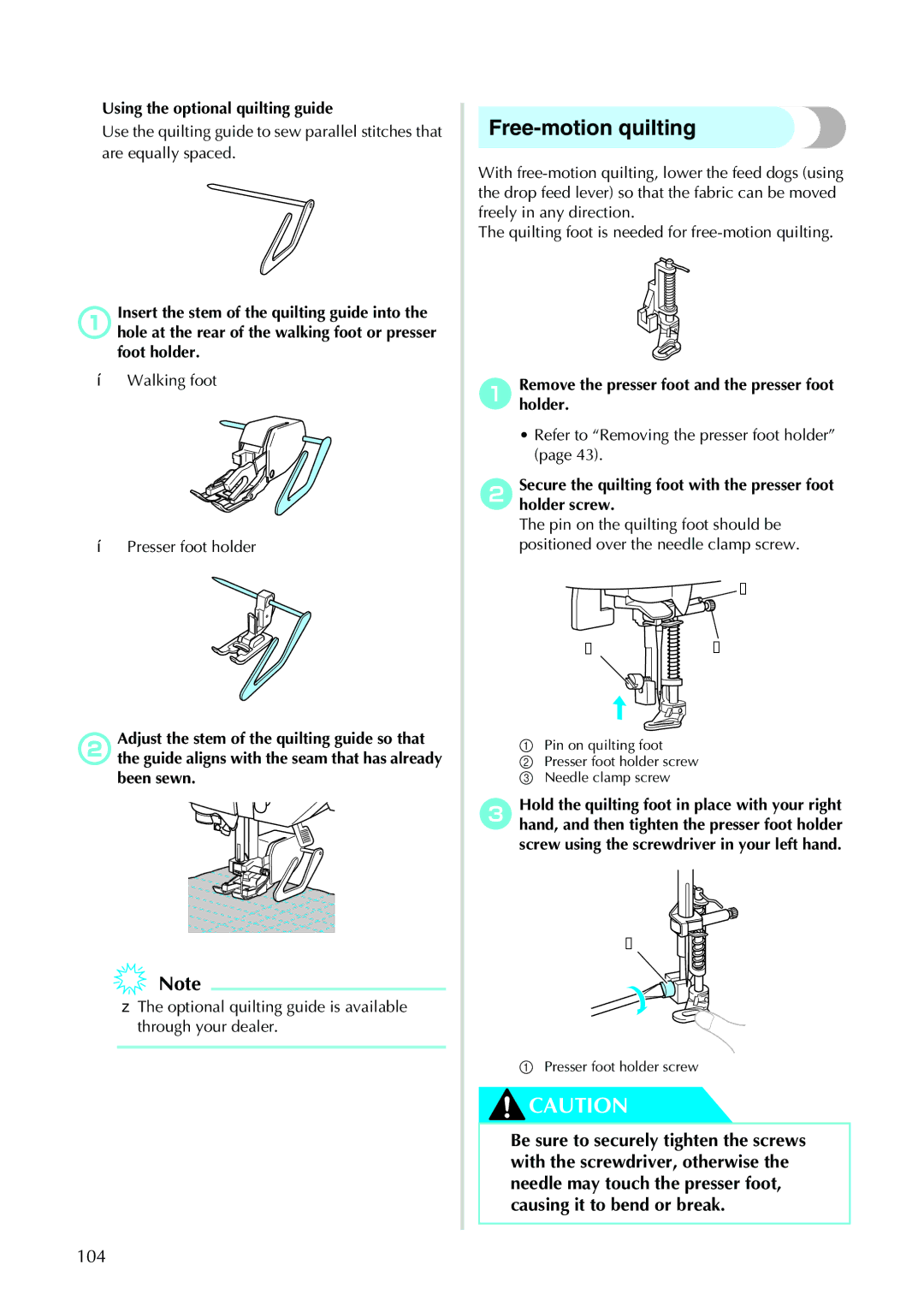 Brother N5V, NX-450 operation manual Free-motion quilting, 104 