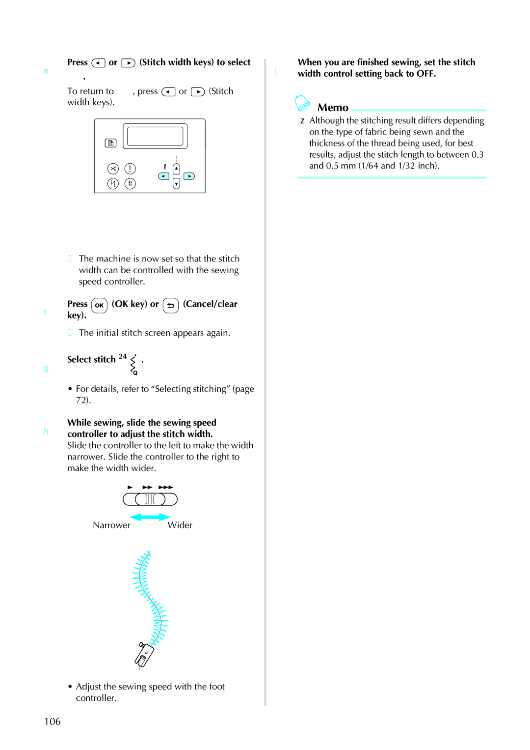 Brother N5V, NX-450 operation manual 106, EPress. or Stitch width keys to select, FPresskey. OK key or Cancel/clear 