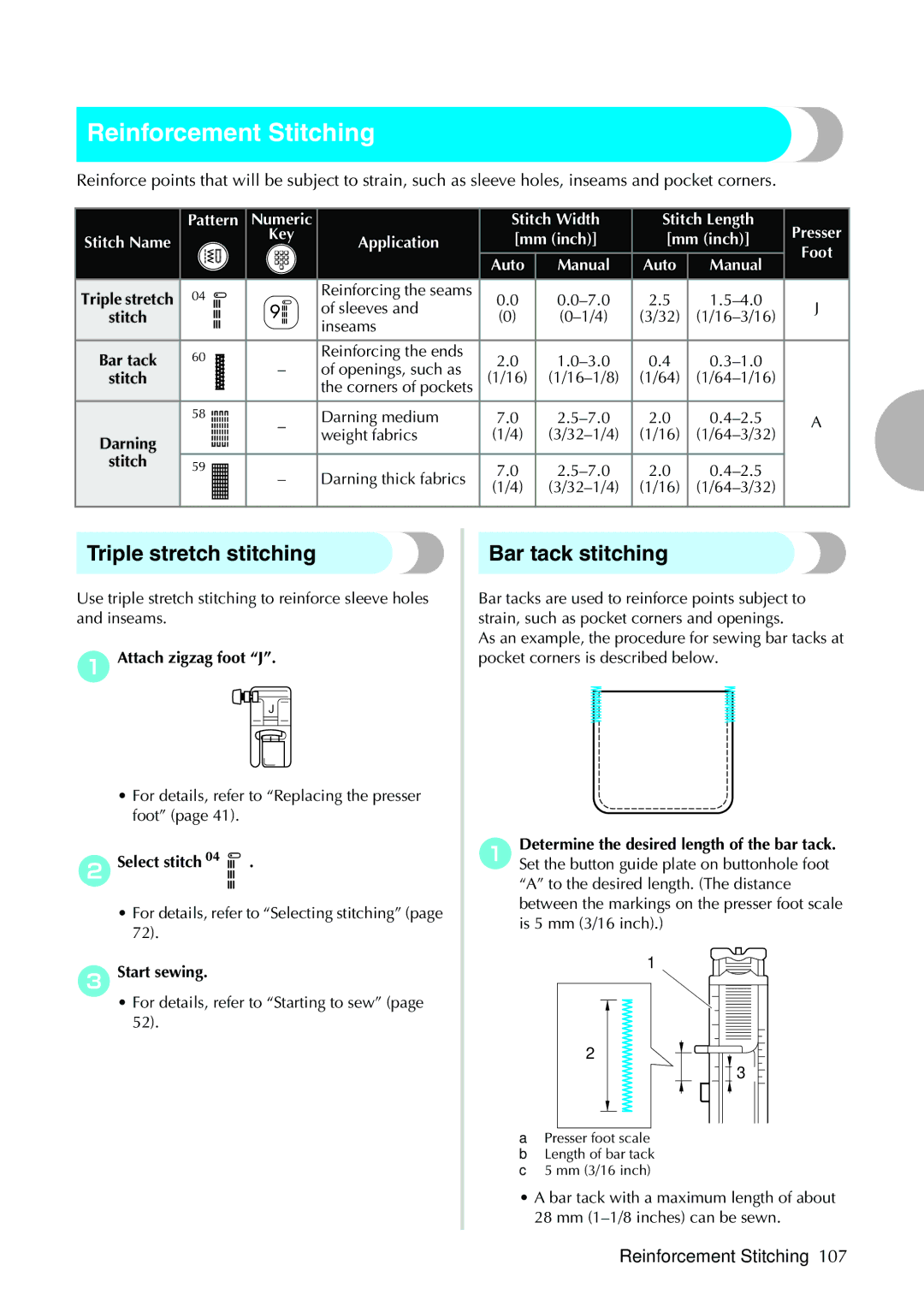 Brother NX-450, N5V operation manual Reinforcement Stitching, Triple stretch stitching, Bar tack stitching 