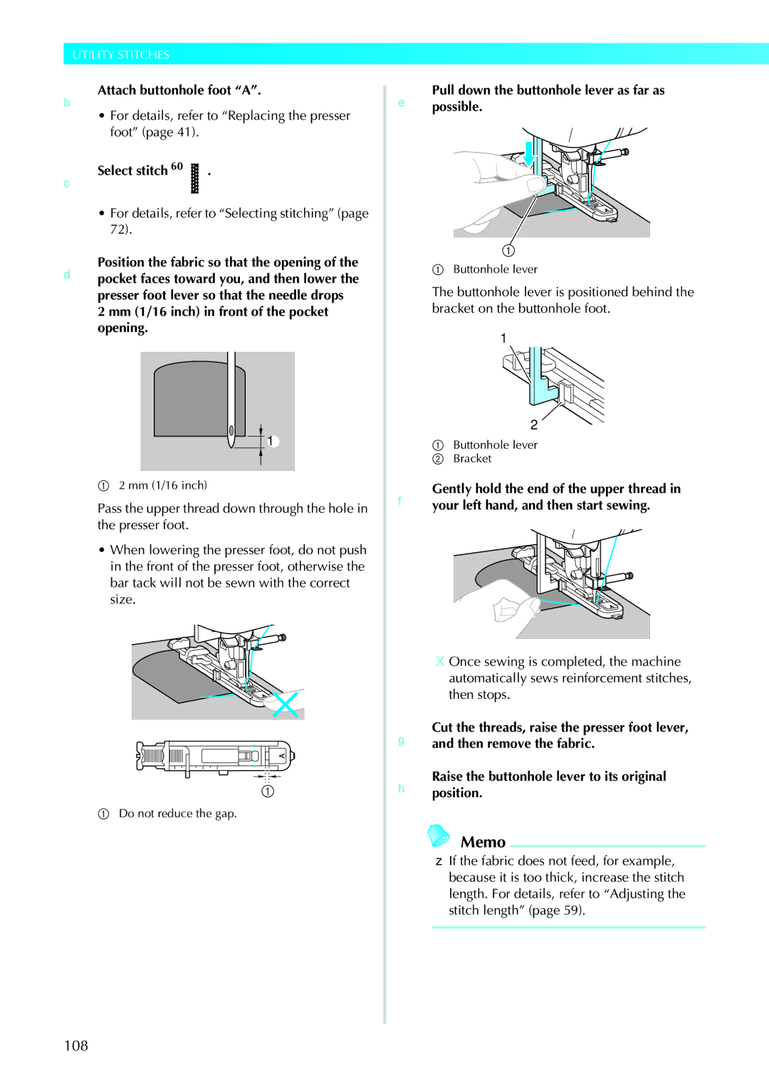 Brother N5V, NX-450 operation manual 108, BAttach buttonhole foot a 