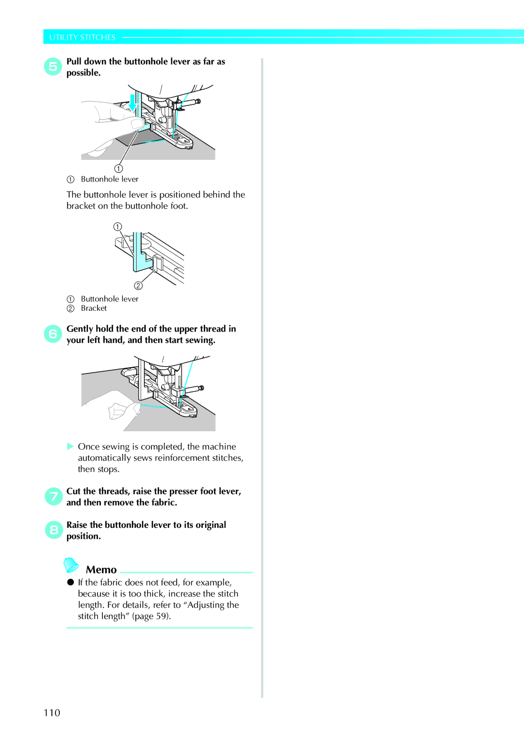 Brother N5V, NX-450 operation manual 110, EPullpossible.down the buttonhole lever as far as 