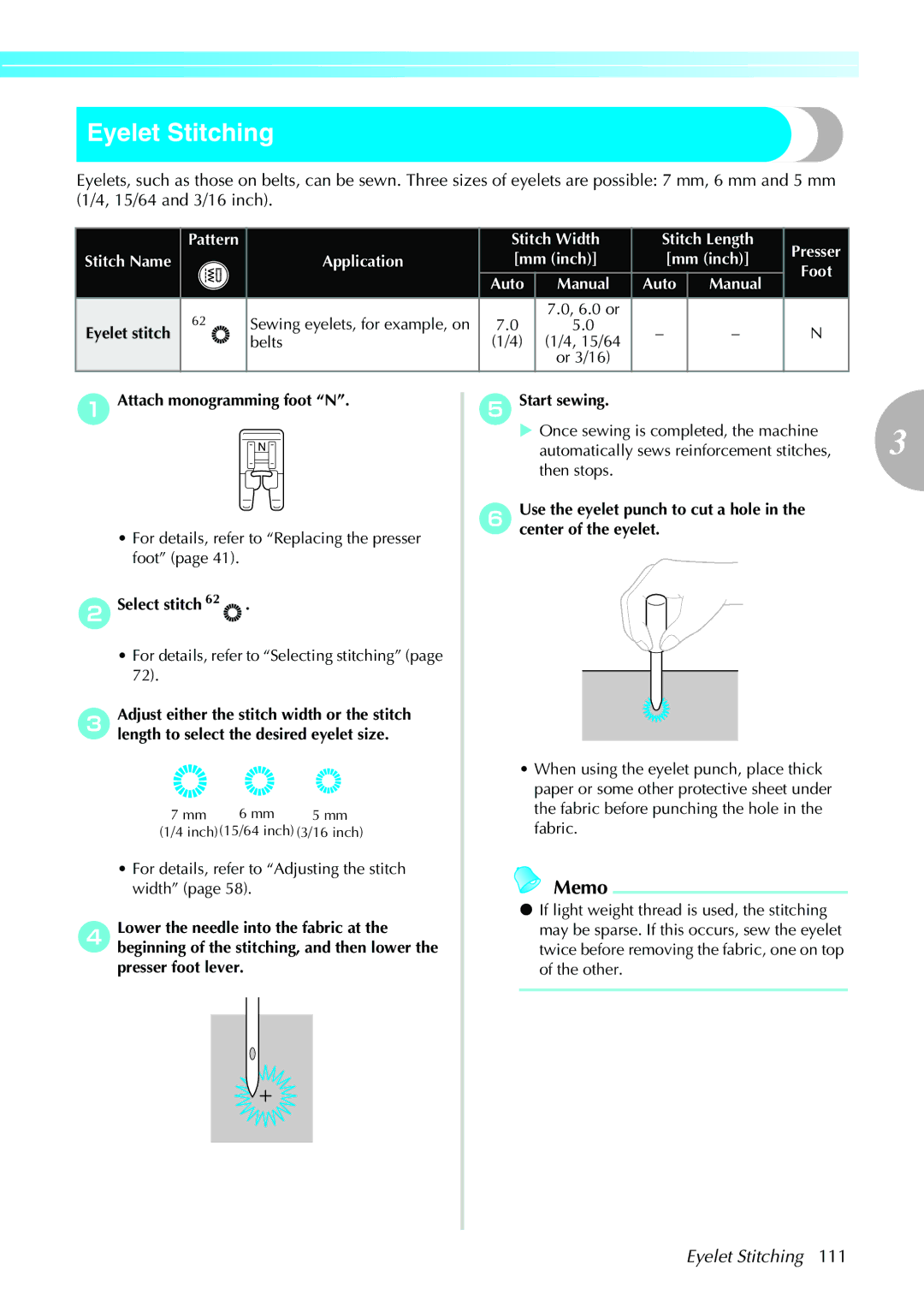 Brother NX-450, N5V operation manual Eyelet Stitching, Attach monogramming foot N, Select stitch 