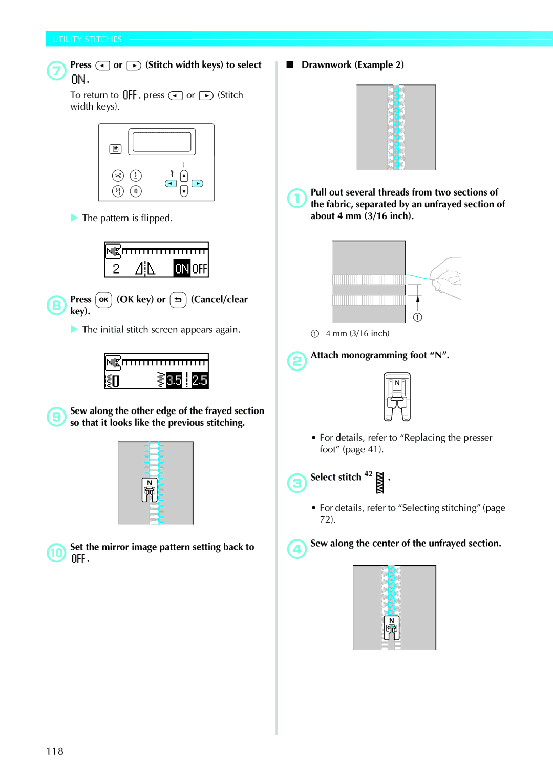 Brother N5V, NX-450 operation manual 118, GPress. or Stitch width keys to select, HPresskey. OK key or Cancel/clear 