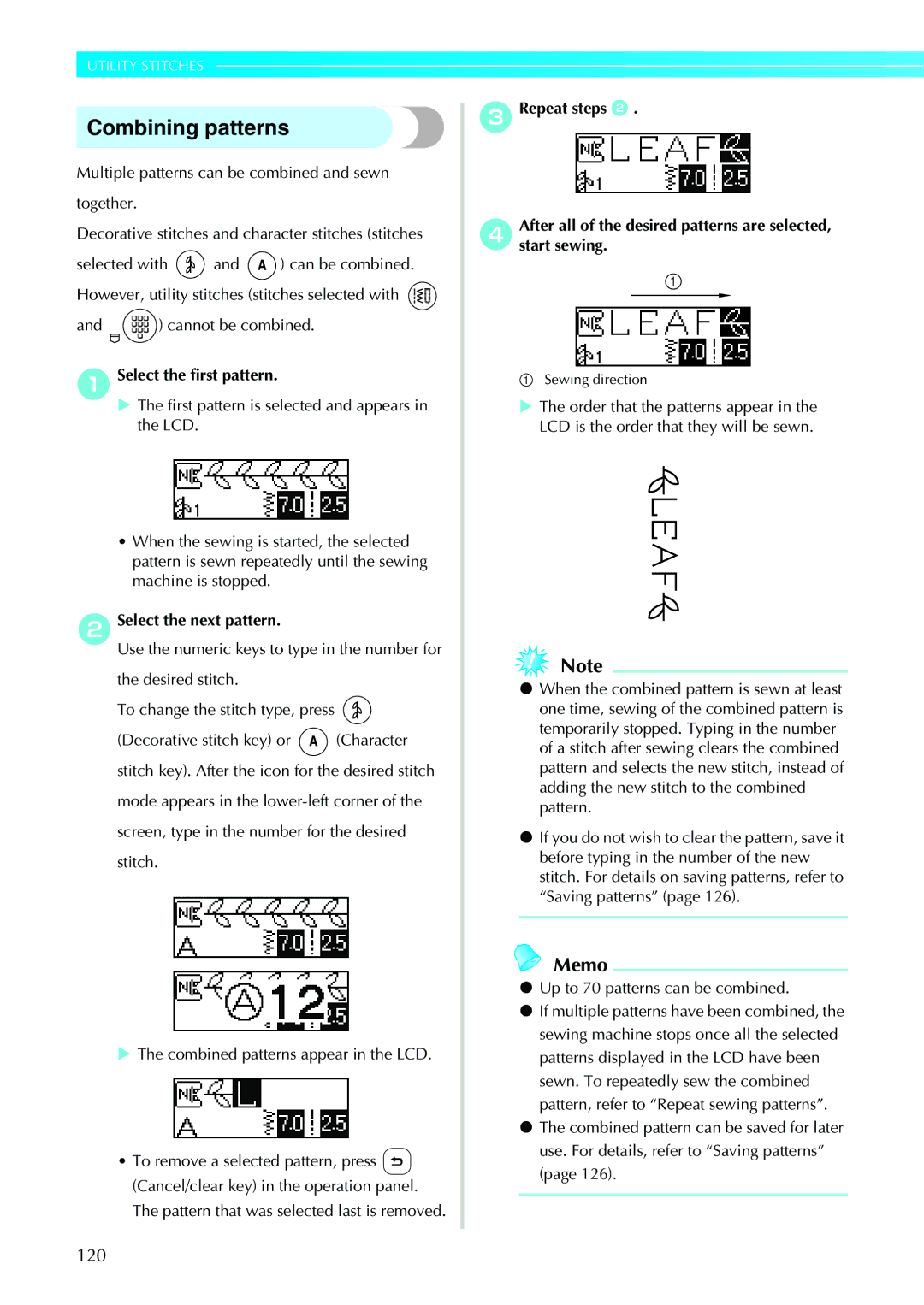 Brother N5V, NX-450 operation manual Combining patterns, 120, Select the first pattern, Select the next pattern 