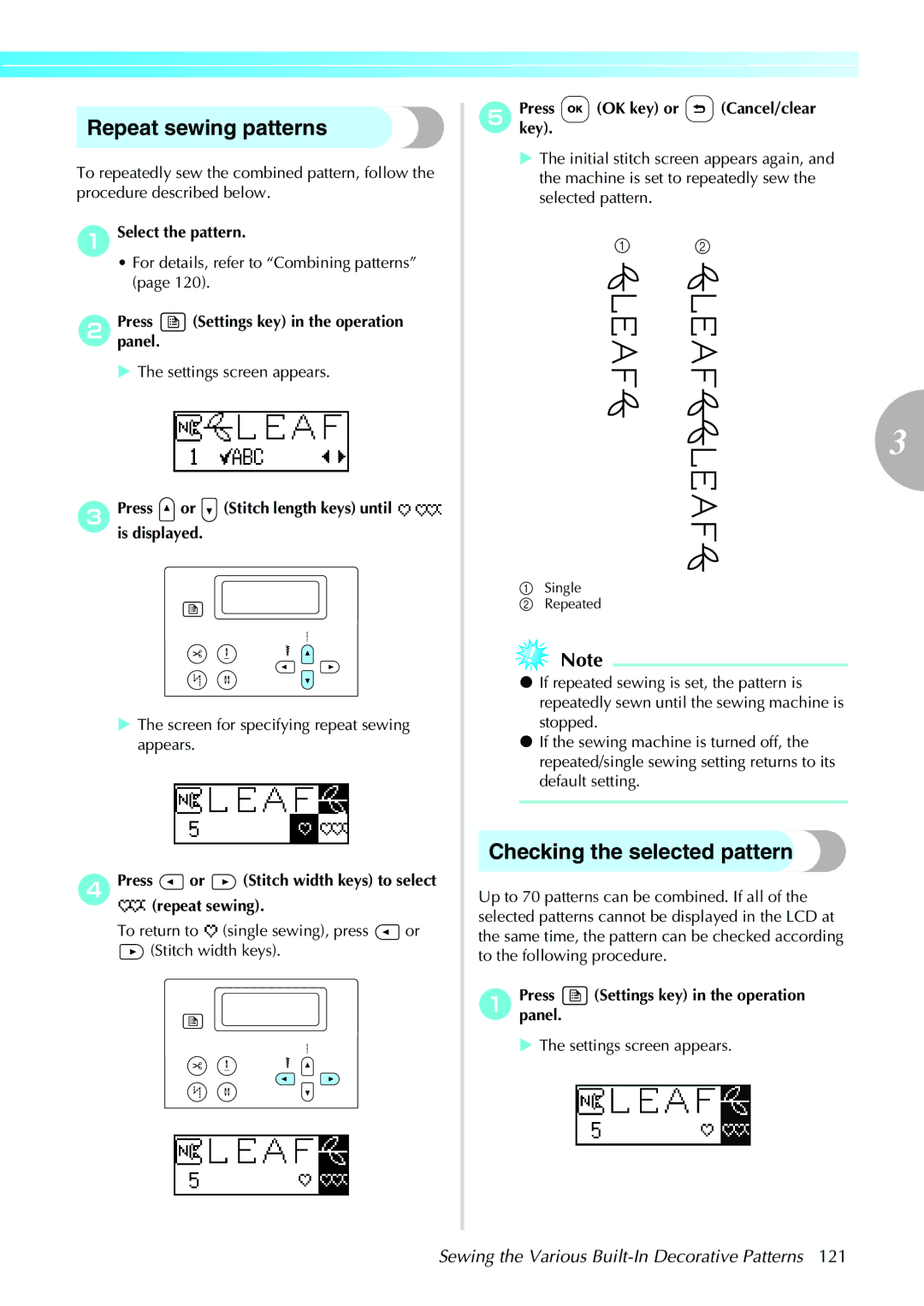 Brother NX-450, N5V operation manual Repeat sewing patterns, Checking the selected pattern 