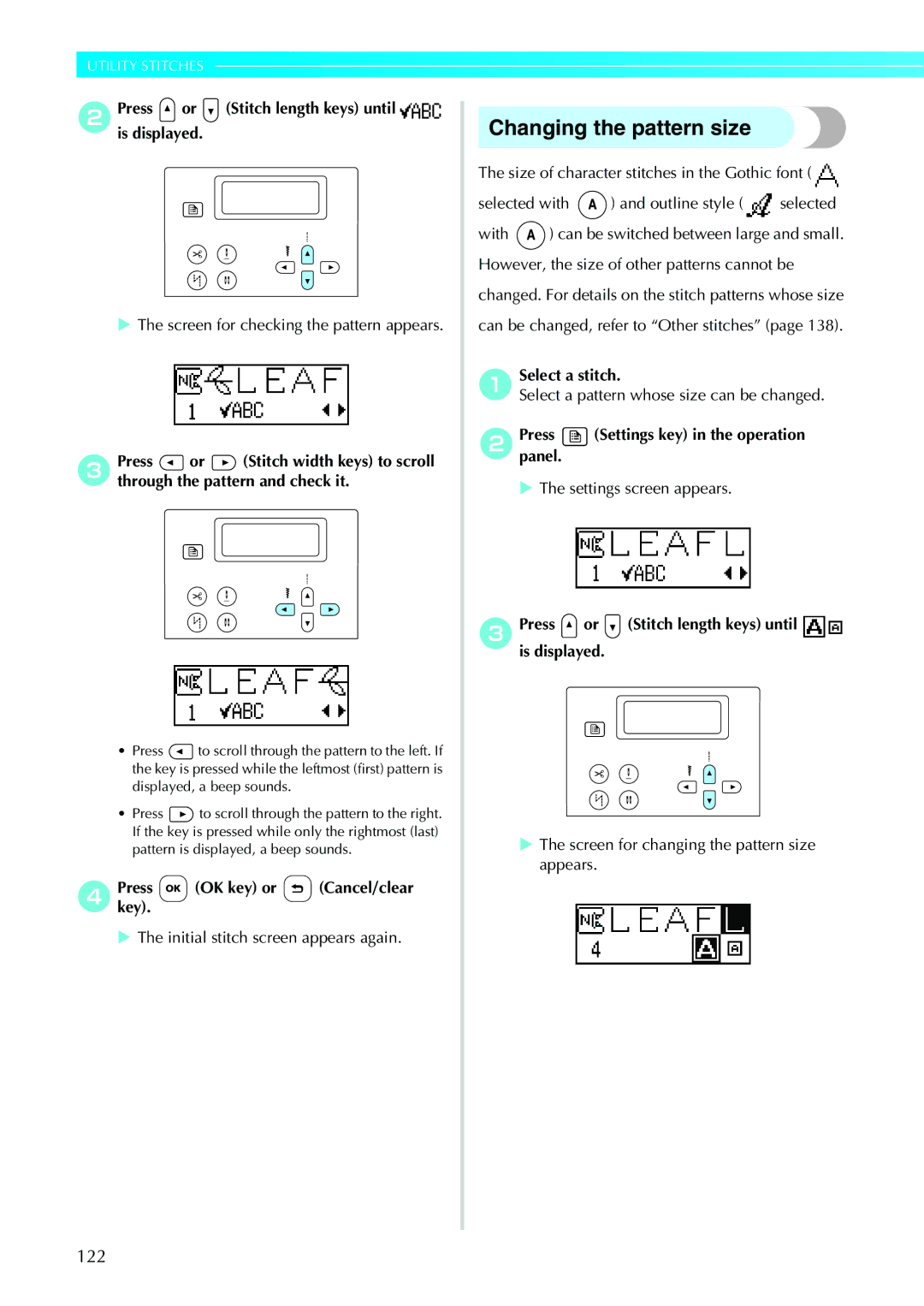 Brother N5V, NX-450 operation manual Changing the pattern size, 122, DPresskey. OK key or Cancel/clear 