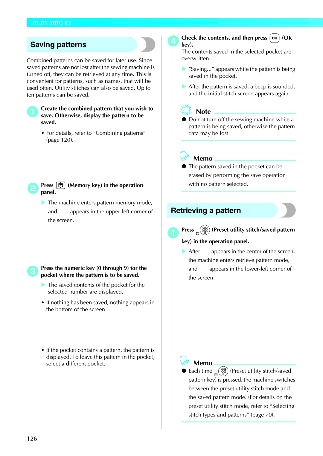 Brother N5V, NX-450 operation manual Saving patterns, Retrieving a pattern, 126 